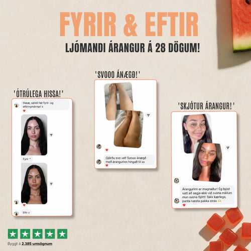 Fyrir og eftir – ljómandi árangur á 28 dögum með sólbrúnkugúmmíi frá Betri Heilsa