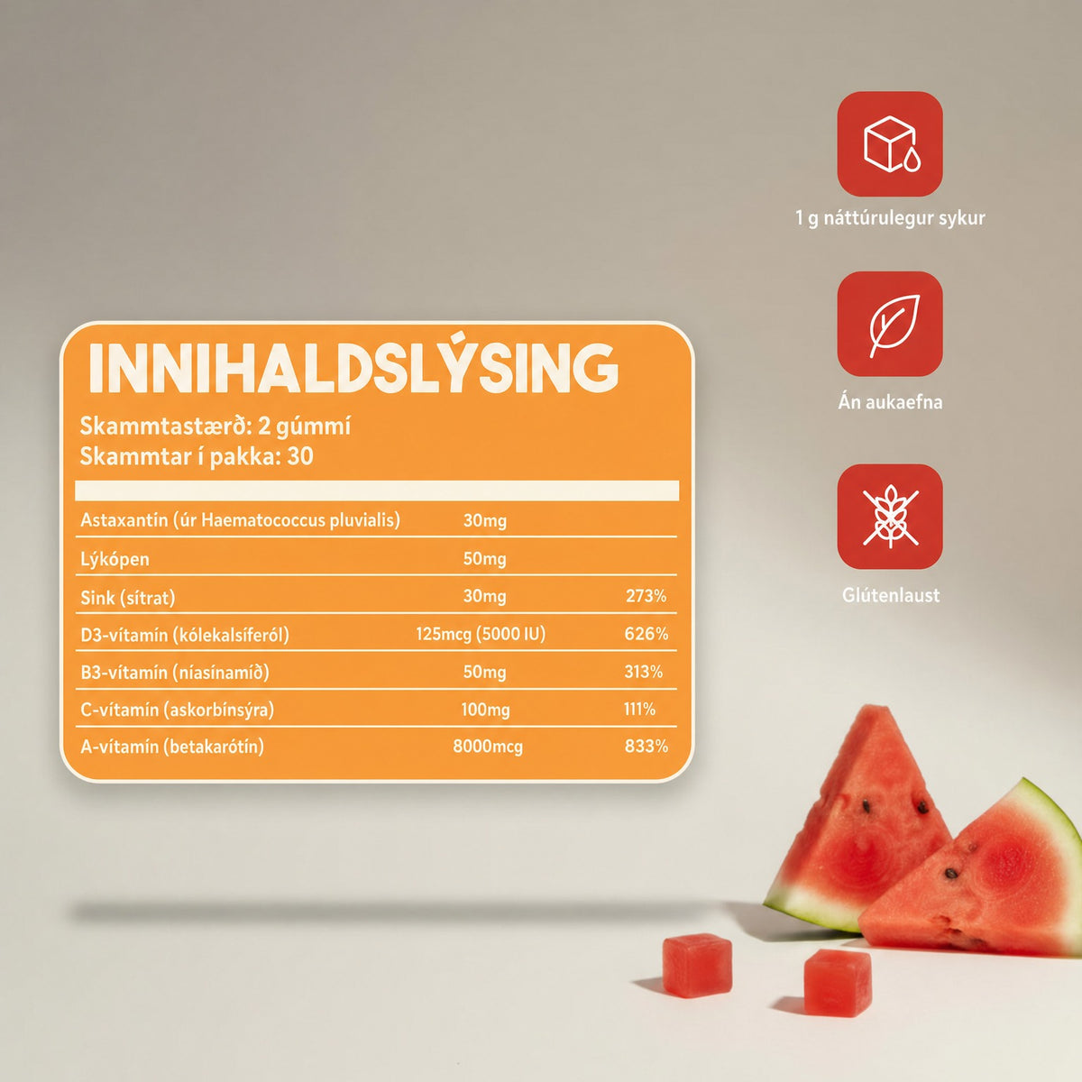 Innihaldslýsing – sólbrúnkugúmmí frá Betri Heilsa